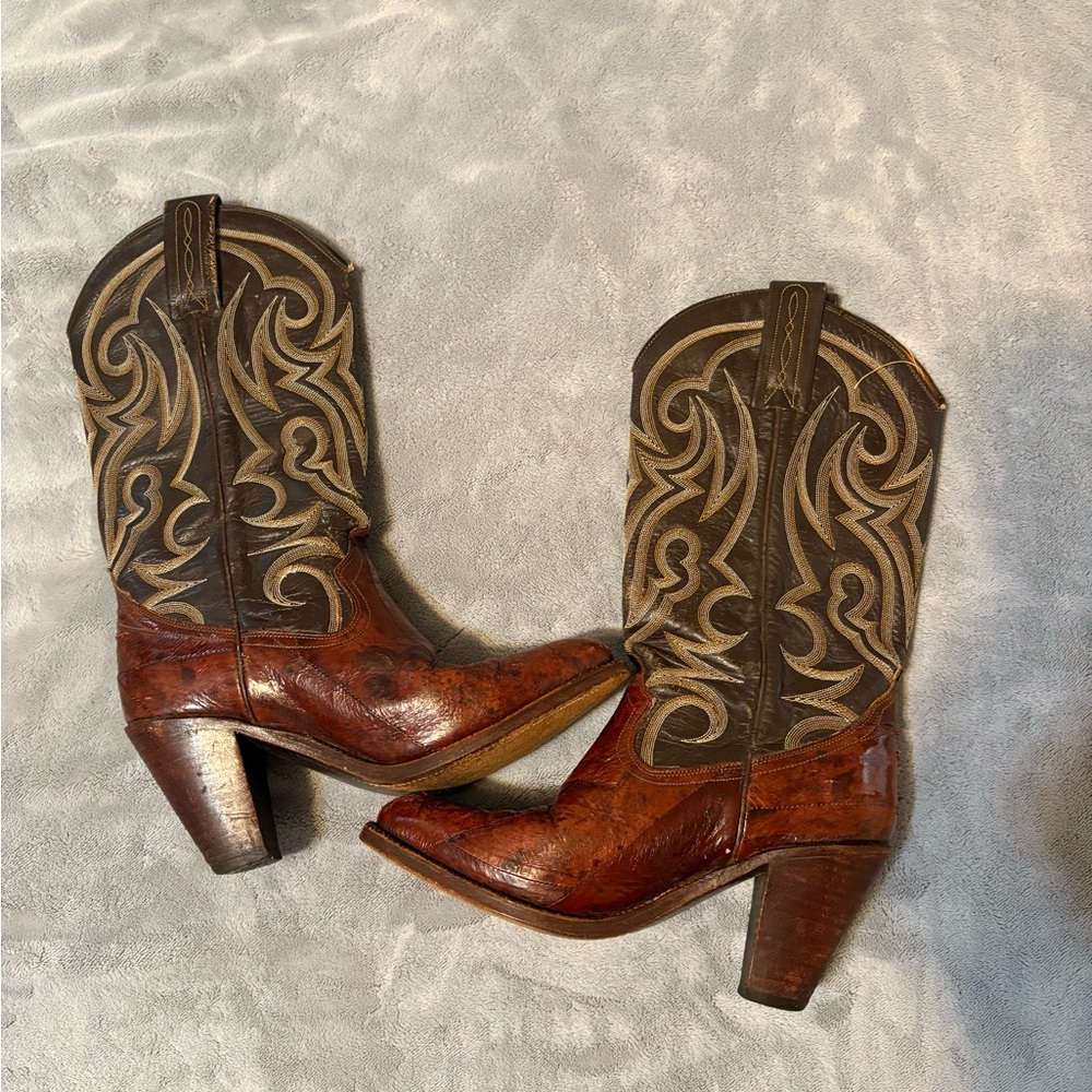 Vintage Leather Heeled Boots with Intricate Stitching